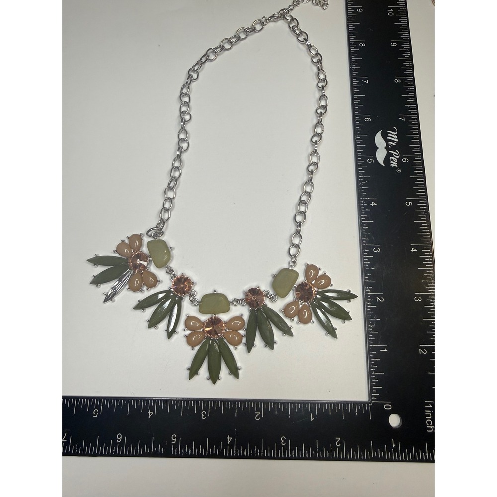 Statement Floral Bib Necklace Olive Green Peach Crystal Silver Tone Adjustable
